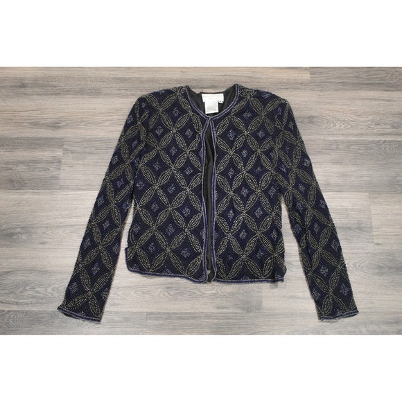 Vintage 80's Papell Boutique Evening Beaded Silk Jacket Navy Blue Embellished - Picture 1 of 6